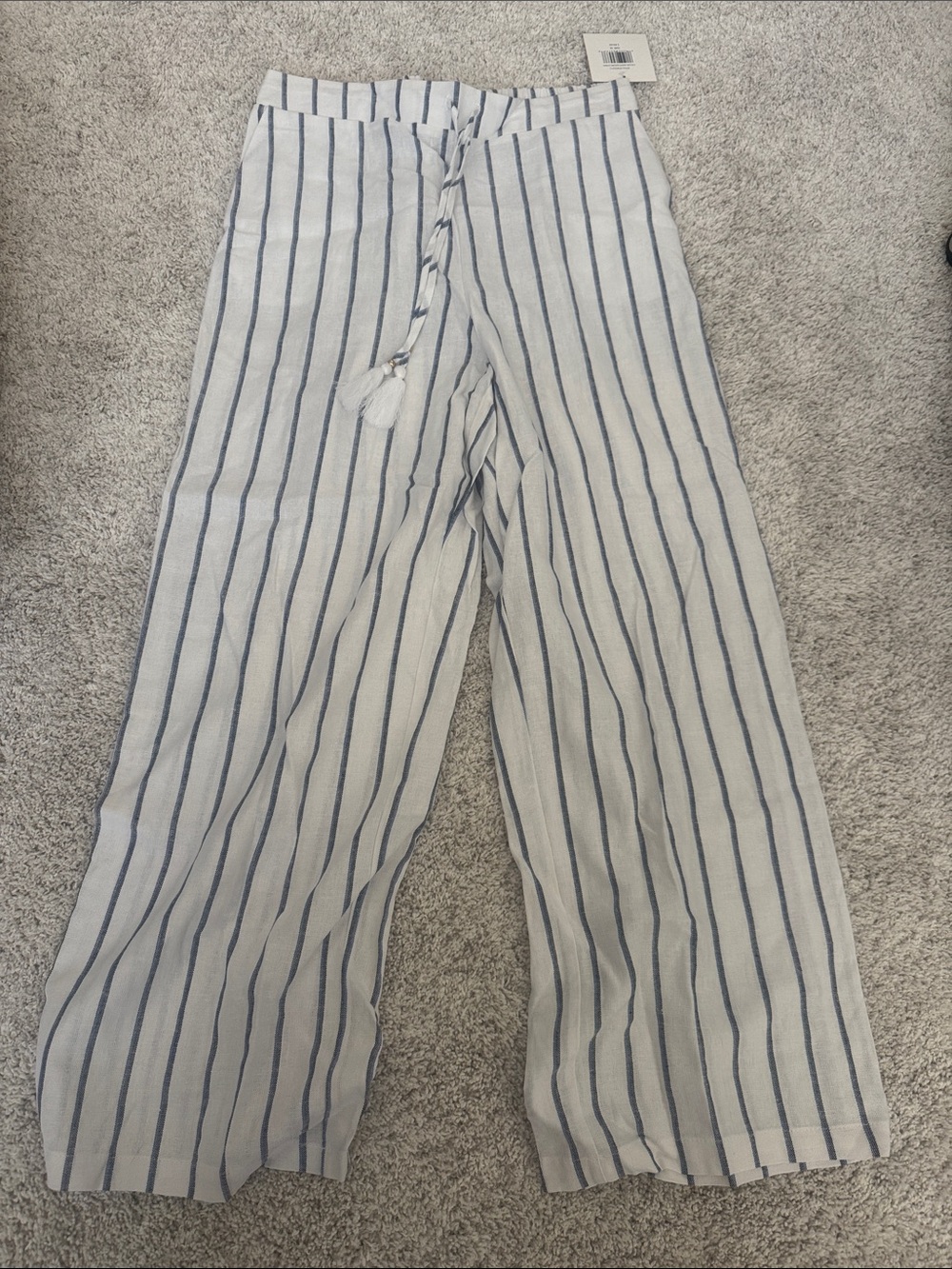 Ellen Tracy Wide-Leg Striped Linen-Blend Pants in White and Navy